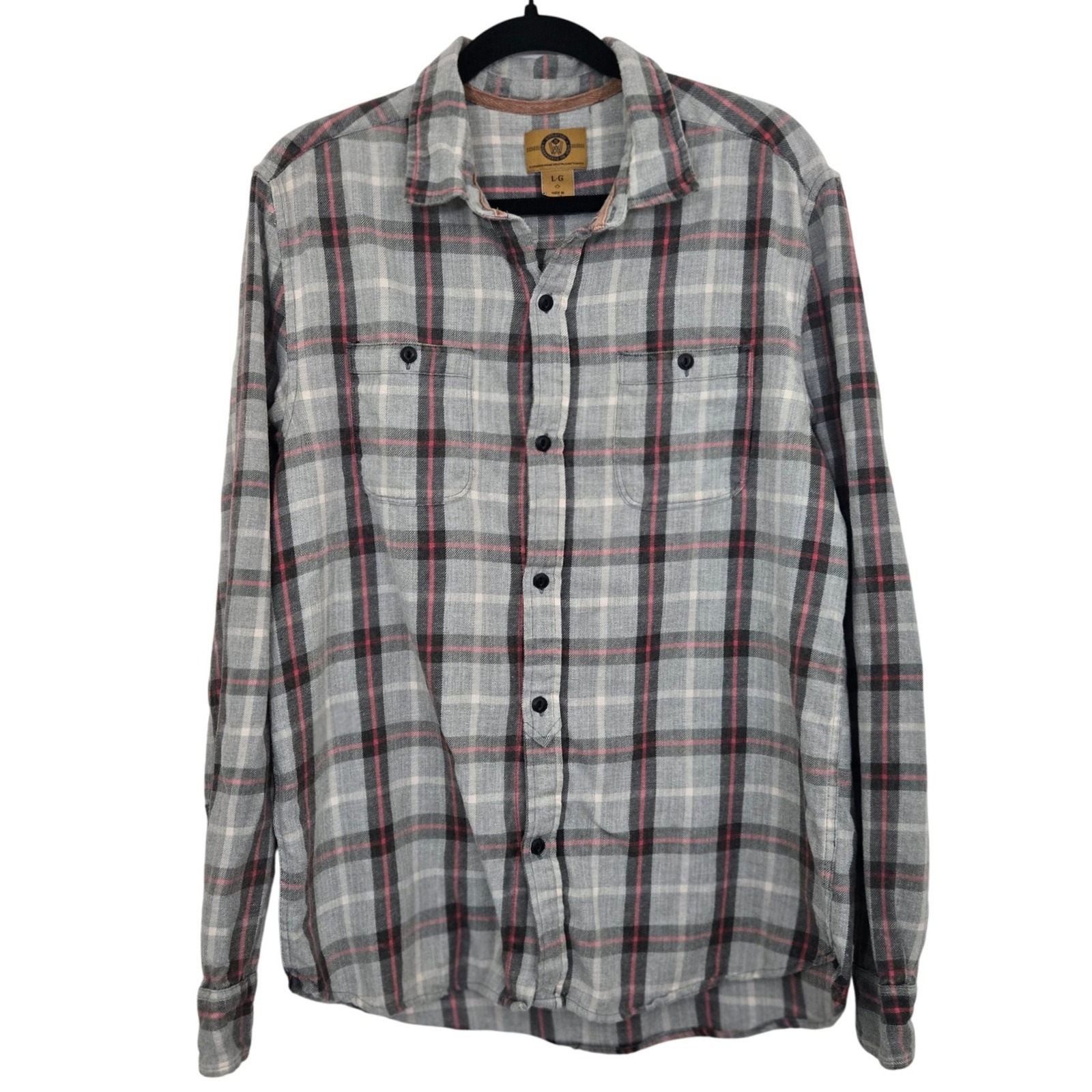 Stapleford Workwear Flannel Shirt Large L Plaid Grey Red Button Down Cotton